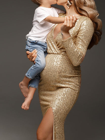 Vestidos De Foto De Maternidad Lentejuelas con Cuello En V Elegante para Noche