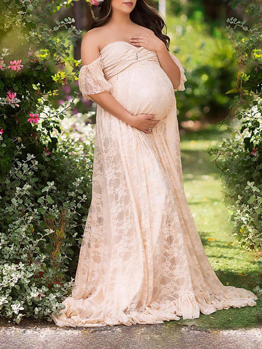 Vestido Maxi Premamá Encaje Off Shoulder Manga Corta Fotos Maternidad
