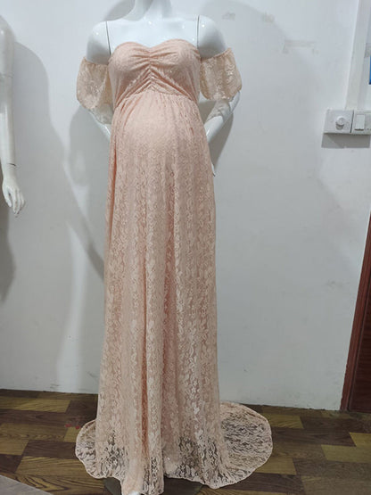 Vestido Maxi Premamá Encaje Off Shoulder Manga Corta Fotos Maternidad