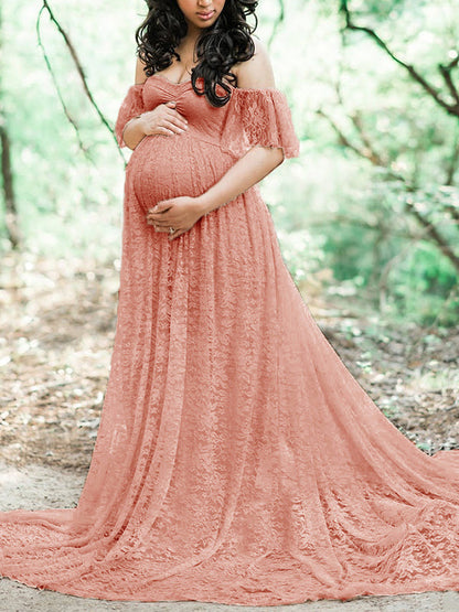 Vestido Maxi Premamá Encaje Off Shoulder Manga Corta Fotos Maternidad