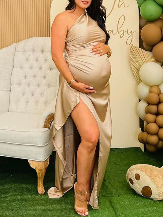 Champán Un Hombro Espalda Descubierta Raso Abertura Lateral  Por La Noche Para Baby Shower Maternidad Vestido Largo