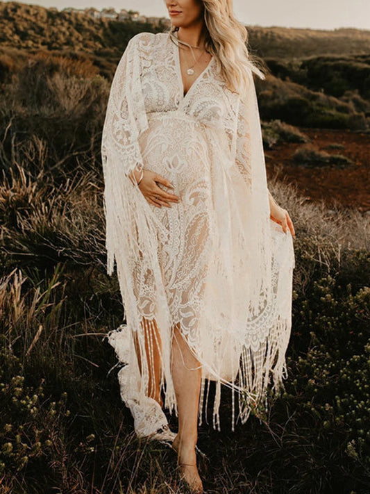 Encaje Blanco Borla Bohemia Puro Cintura Alta Manga Acampanada Vestidos De Foto De Maternidad