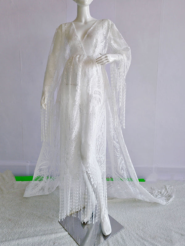 Encaje Blanco Borla Bohemia Puro Cintura Alta Manga Acampanada Vestidos De Foto De Maternidad