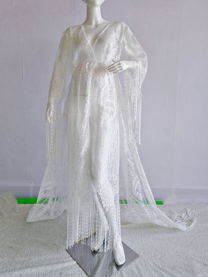 Encaje Blanco Borla Bohemia Puro Cintura Alta Manga Acampanada Vestidos De Foto De Maternidad