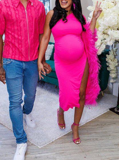 Vestido Midi de Maternidad Ajustado con Un Hombro Y Detalle de Plumas Lateral para Baby Shower