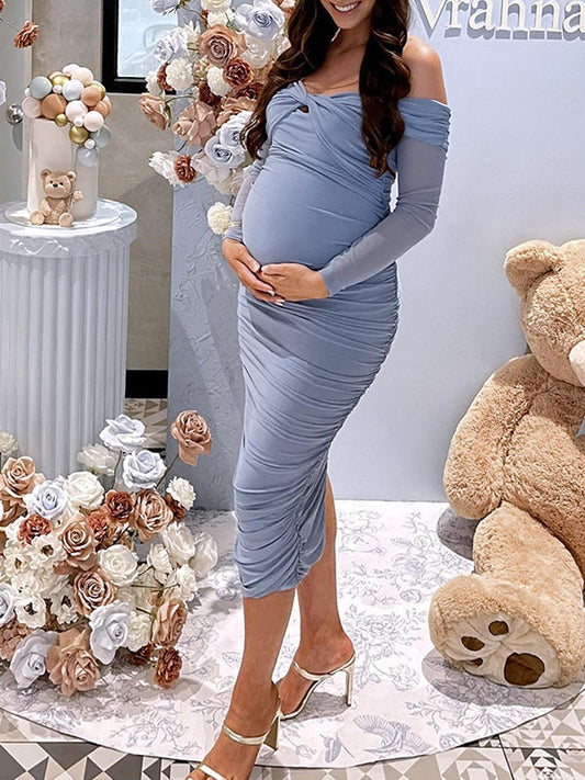 Azul Acanalado Hombros Descubiertos Cruz De Pecho Ajustado Elegante Vestidos De Invitada Vestidos Para Baby Shower