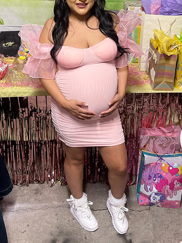 Vestido Mini de Maternidad con Hombros Descubiertos, Volantes y Tul, Tipo Bodycon para Baby Shower