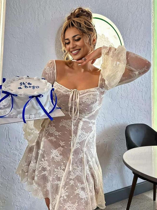 Beige Encaje Sin Hombros Arco Cordón Volante Manga Acampanada Para Baby Shower Maternidad Vestido Mini