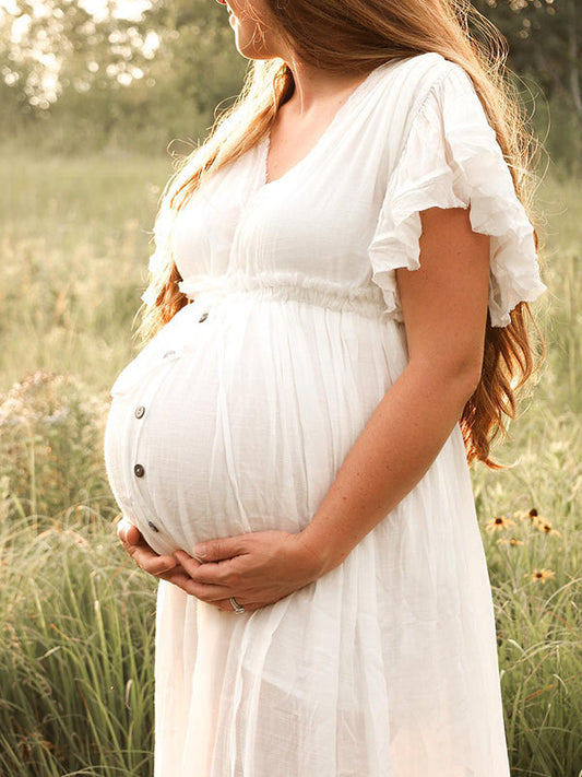 Blanco Cordón Un Solo Pecho Volantes Espalda Anudada Fotografía Maternidad Vestido Largo