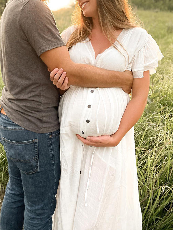 Blanco Cordón Un Solo Pecho Volantes Espalda Anudada Fotografía Maternidad Vestido Largo