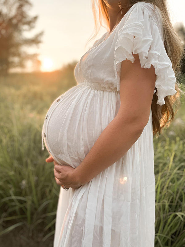 Blanco Cordón Un Solo Pecho Volantes Espalda Anudada Fotografía Maternidad Vestido Largo