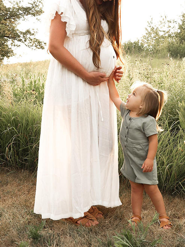Blanco Cordón Un Solo Pecho Volantes Espalda Anudada Fotografía Maternidad Vestido Largo