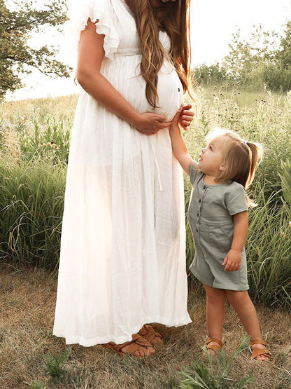 Blanco Cordón Un Solo Pecho Volantes Espalda Anudada Fotografía Maternidad Vestido Largo