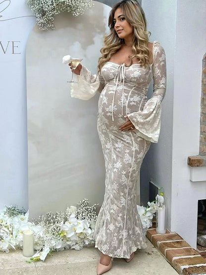 Blanco Encaje Corsé Cuello Cuadrado Manga Acampanad Hombros Descubiertos Ajustado Elegante Vestidos Para Baby Shower