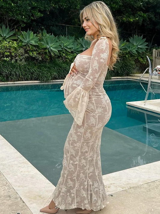 Blanco Encaje Corsé Cuello Cuadrado Manga Acampanad Hombros Descubiertos Ajustado Elegante Vestidos Para Baby Shower