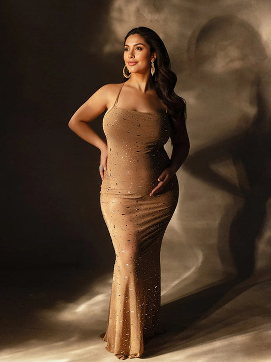 Vestido Largo de Maternidad Ajustado con Camiseta de Pedrería y Diamantes Sheer