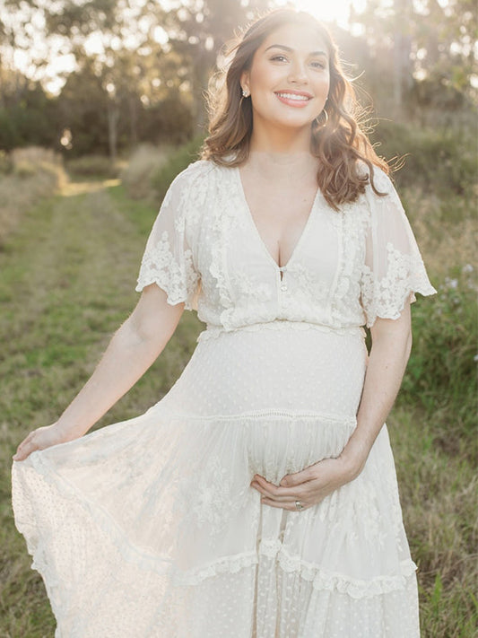 Vestido Largo Maternidad para Fotografía Bohemio Encaje y Cuello en V