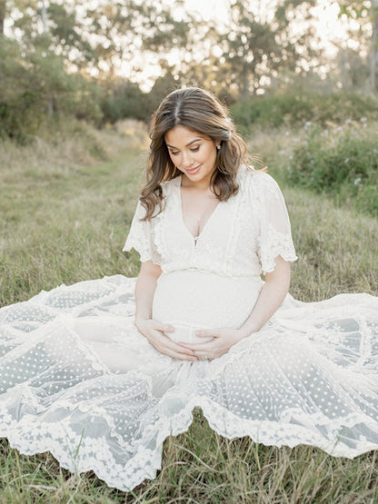Vestido Largo Maternidad para Fotografía Bohemio Encaje y Cuello en V