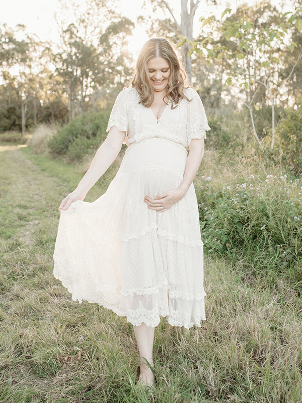 Vestido Largo Maternidad para Fotografía Bohemio Encaje y Cuello en V