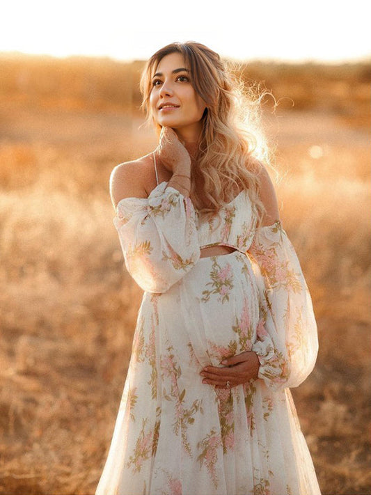 Blanco Florales Calado Hombros Descubiertos Espalda Descubierta De Tirantes Falda Amplia Elegante Bohemio Vestidos De Foto De Maternidad