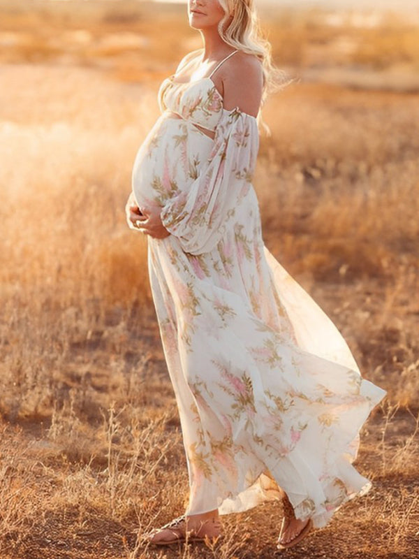 Blanco Florales Calado Hombros Descubiertos Espalda Descubierta De Tirantes Falda Amplia Elegante Bohemio Vestidos De Foto De Maternidad