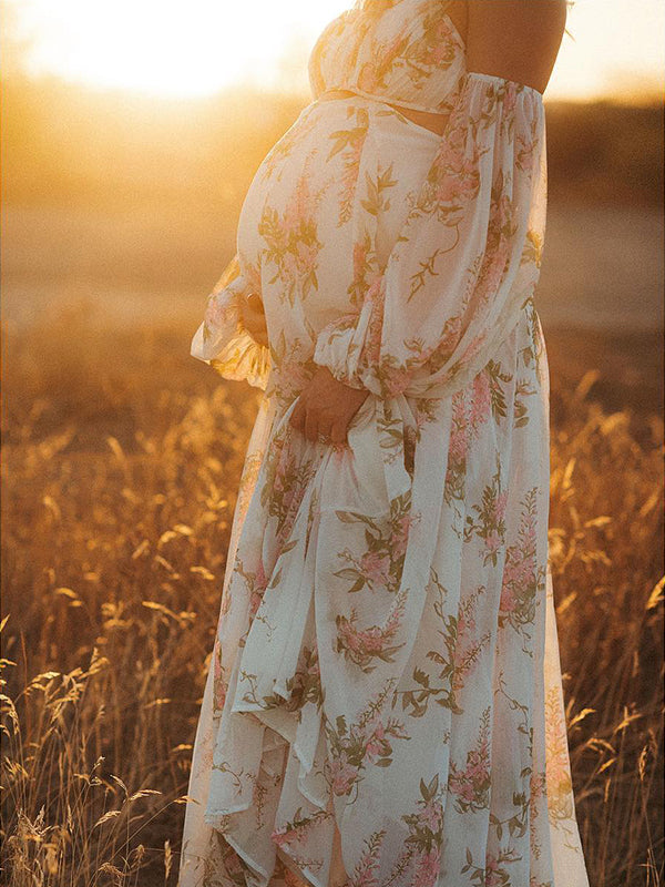 Blanco Florales Calado Hombros Descubiertos Espalda Descubierta De Tirantes Falda Amplia Elegante Bohemio Vestidos De Foto De Maternidad