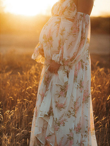 Blanco Florales Calado Hombros Descubiertos Espalda Descubierta De Tirantes Falda Amplia Elegante Bohemio Vestidos De Foto De Maternidad
