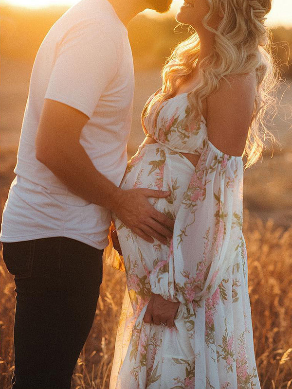 Blanco Florales Calado Hombros Descubiertos Espalda Descubierta De Tirantes Falda Amplia Elegante Bohemio Vestidos De Foto De Maternidad