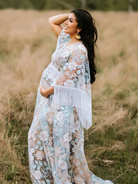 Vestido Premamá Boho De Encaje Con Empalme Borla Bordado Y Cuello En V
