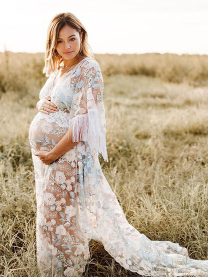 Vestido Premamá Boho De Encaje Con Empalme Borla Bordado Y Cuello En V