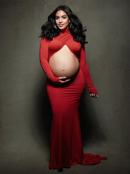 Vestido Largo Maternidad con Cruzado Cultivos y Espalda Descubierta Ajustado para Fotografía