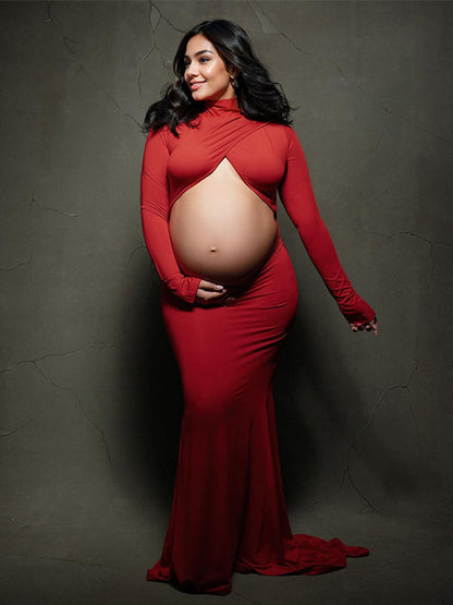 Vestido Largo Maternidad con Cruzado Cultivos y Espalda Descubierta Ajustado para Fotografía