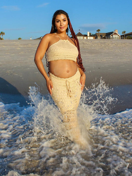 vestido premamá con 2 en 1 con Cuello Halter, Cordones, Flecos y Crochet para Vacaciones