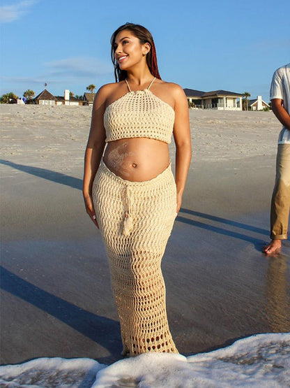 vestido premamá con 2 en 1 con Cuello Halter, Cordones, Flecos y Crochet para Vacaciones
