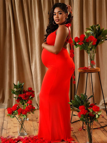 Vestido Largo Ajustado con Espalda Descubierta para Fiesta y Fotografía de Maternidad
