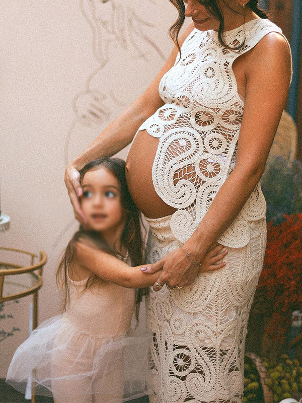 Vestido Maxi Maternidad Con Corte Encaje Detalle Huecos 2 En 1 para Baby Shower