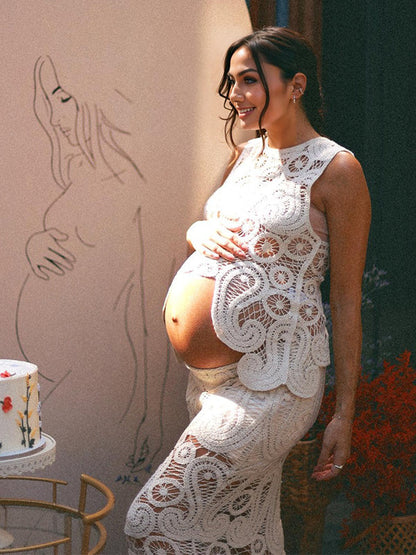 Vestido Maxi Maternidad Con Corte Encaje Detalle Huecos 2 En 1 para Baby Shower