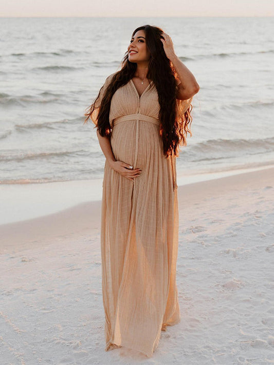 Vestido Premamá para Vacaciones  con Cuello En V Sin Espalda y Lino Algodón Bohemia