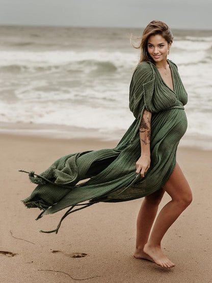 Vestido Maxi De Maternidad Con Aberturas Laterales Y Borlas Para Sesión De Fotos De Vacaciones