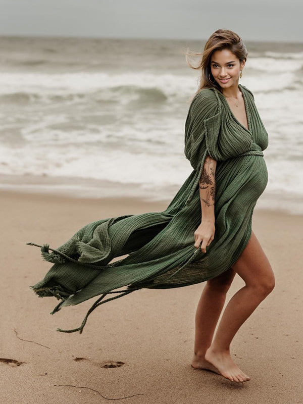 Vestido Premamá para Vacaciones  con Cuello En V Sin Espalda y Lino Algodón Bohemia