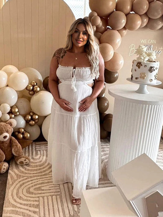 Vestido Largo con Volantes y Espalda Descubierta para Baby Shower y Maternidad