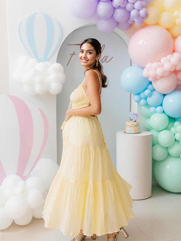 Vestido Largo con Volantes y Espalda Descubierta para Baby Shower y Maternidad