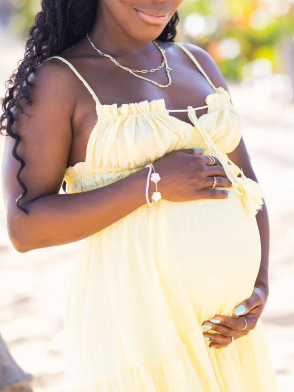 Vestido Largo con Volantes y Espalda Descubierta para Baby Shower y Maternidad