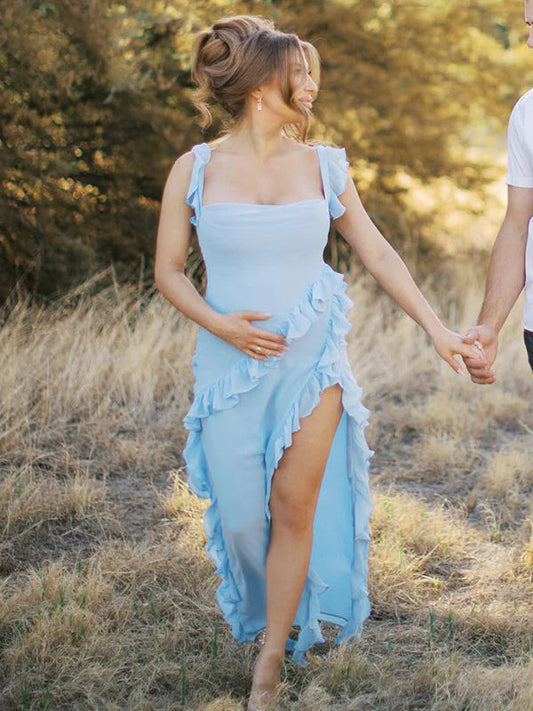 Volantes Abertura Lateral Camiseta De Tirantes Cuello Cuadrado Elegant Fotografía Maternidad Vestido Largo