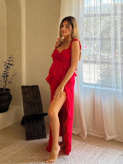 Volantes Abertura Lateral Camiseta De Tirantes Cuello Cuadrado Elegant Fotografía Maternidad Vestido Largo
