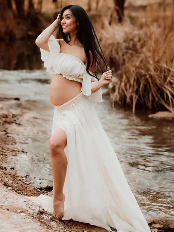Liso Bohemio Sin Hombros Espalda Descubierta Volantes 2-in-1 Manga Raglán Abertura Lateral Fotografía Maternidad Vestido Largo