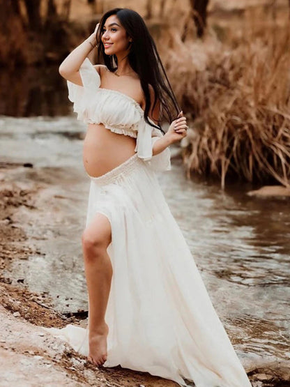 Liso Bohemio Sin Hombros Espalda Descubierta Volantes 2-in-1 Manga Raglán Abertura Lateral Fotografía Maternidad Vestido Largo