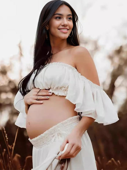 Liso Bohemio Sin Hombros Espalda Descubierta Volantes 2-in-1 Manga Raglán Abertura Lateral Fotografía Maternidad Vestido Largo