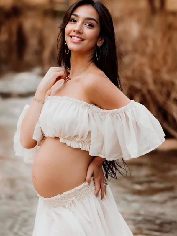 Liso Bohemio Sin Hombros Espalda Descubierta Volantes 2-in-1 Manga Raglán Abertura Lateral Fotografía Maternidad Vestido Largo