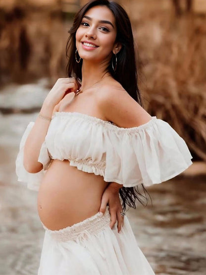 Liso Bohemio Sin Hombros Espalda Descubierta Volantes 2-in-1 Manga Raglán Abertura Lateral Fotografía Maternidad Vestido Largo